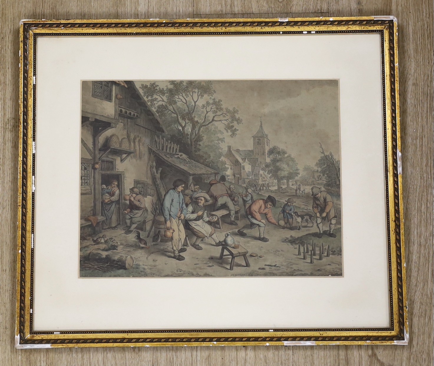 After Adriaen van Ostade (1610-1685), coloured engraving, Figures outside a tavern, signed in the plate and dated 1613?, 26 x 34cm